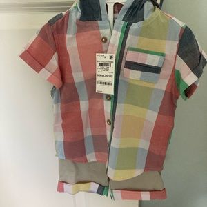 Plaid matching shirt and shorts set